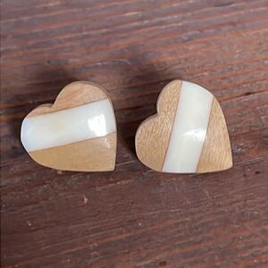 Cute Wood Heart Earrings Stud 3/4" Vintage Fashion Jewelry Cottagecore